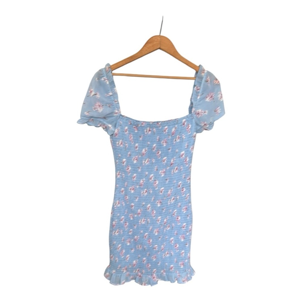 Étophe Studios Blue Floral Smocked Puff Sleeves Coquette Mini Dress Size M